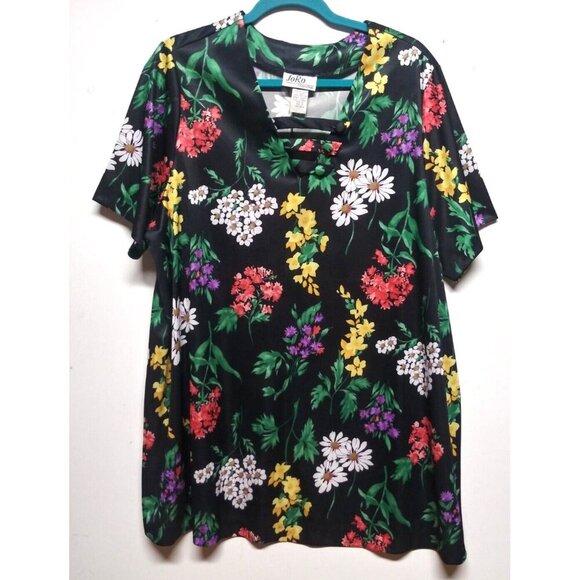 VTG Hawaiian blouse top 1X Black Floral Multicolor JoRo Fashions stretch SS EUC - Picture 1 of 7
